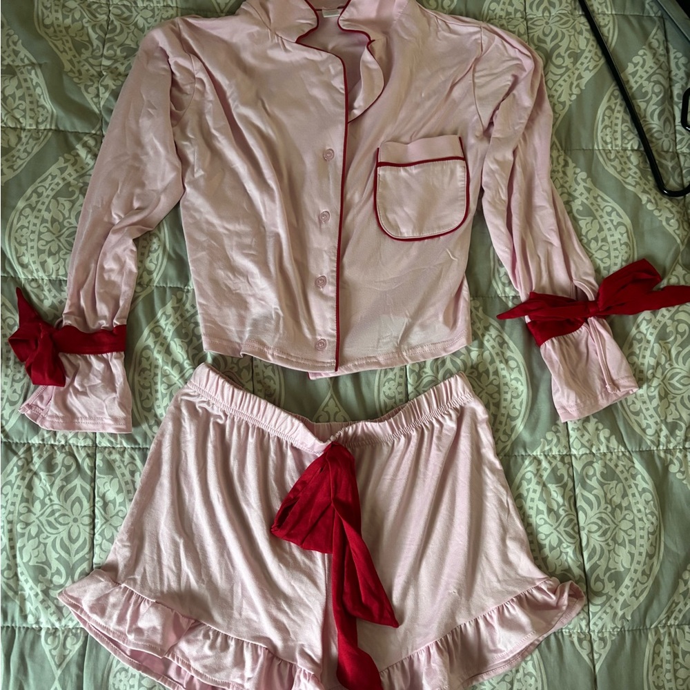Women’s Pink Satin Pajama Set with Red Trim